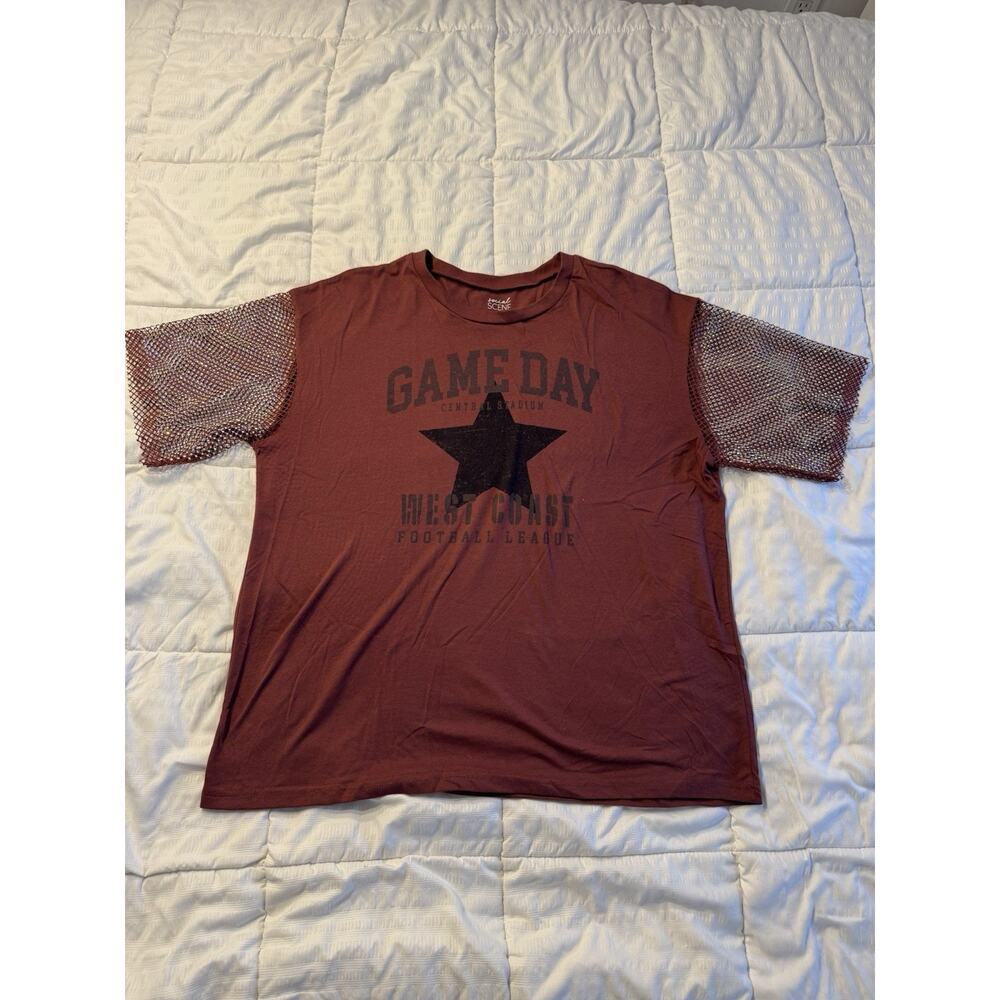 Social Scene Women's XL Short Sleeve Shirt Burgundy Maroon Game Day Mesh Fancy